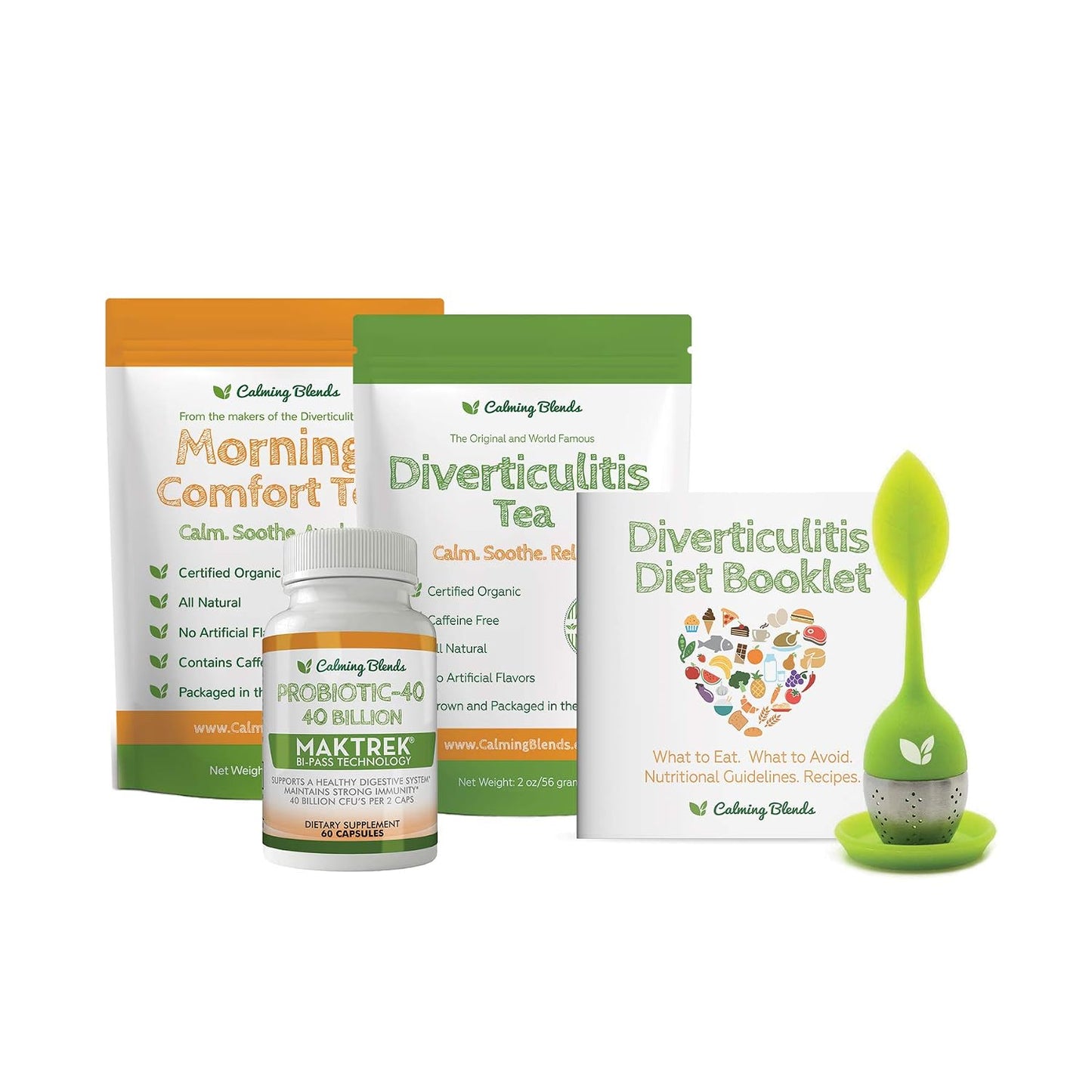 Calming Blends Tea Bundle Pack, Diverticulitis, Morning Comfort Tea, Probiotic Infuser, Supports Complete Digestive Health