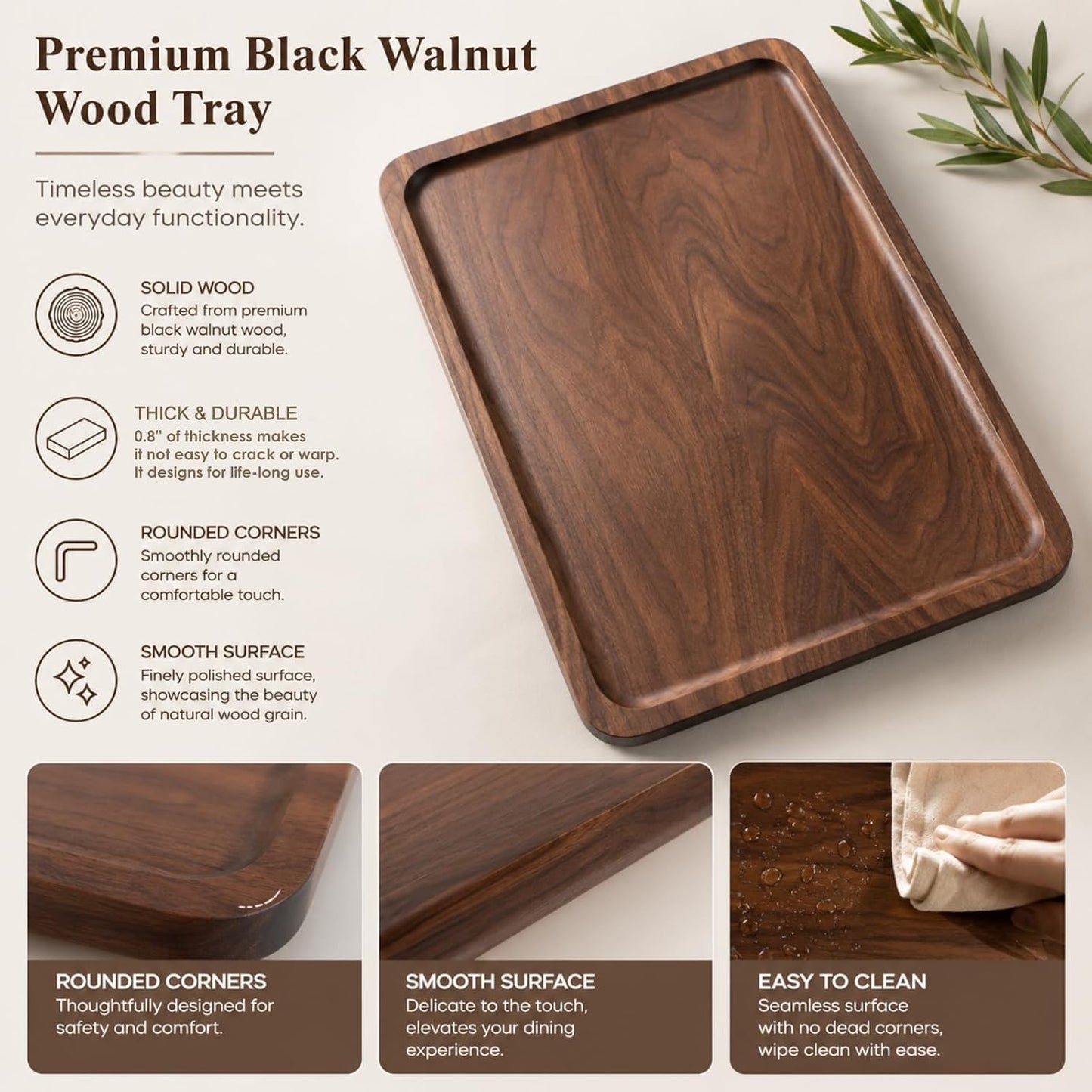 Bamber Wood Serving Tray Wooden Decorative Coffee Tea Platter Black Walnut 13.4 x 9 Inches