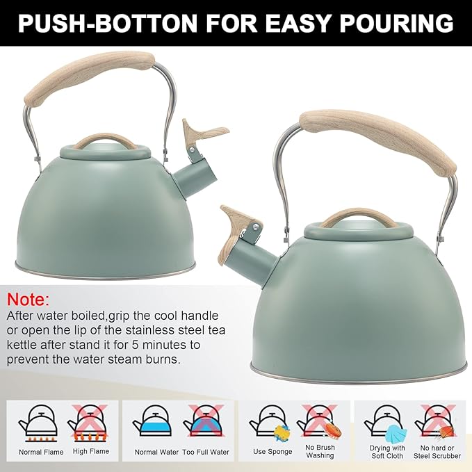 3.2 Quart Whistling Tea Kettle for Stove Top Stainless Steel Tea Pots With Wood Pattern Anti-slip Handle, Green…