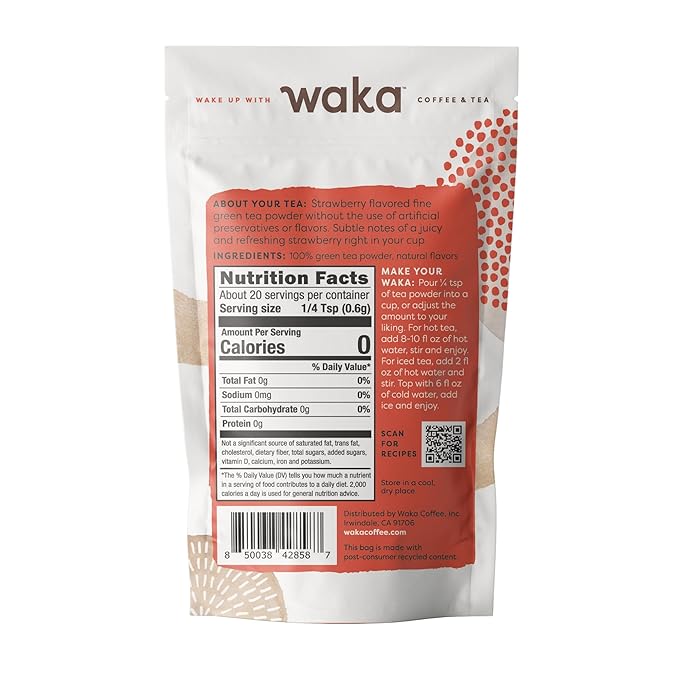 Waka Instant Green Tea Mix, Strawberry Flavored - 100% Tea Leaves, No Additives, Unsweetened Sample/Travel Size Tea Powder - Easy Quick Hot and Iced Teas, Up to 20 Cups or 5 Quarts (.45oz)
