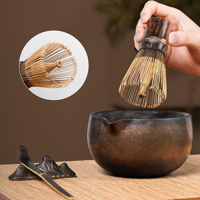 7-Piece Matcha Set with Ceramic Matcha Bowl, Bamboo Whisk (Chasen) & Holder, Sifter, Tea Scoop & Rest, Special Bamboo Tea Mat - Perfect Matcha Kit for Matcha Lovers & Gift Giving, Gilded