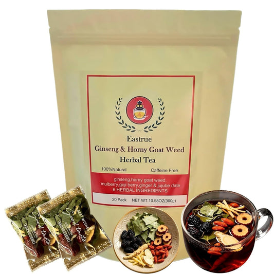 Eastrue Ginseng Five Treasure Kidney Tea with Horny Goat Weed,Goji Berry,Mulberry,Ginger &amp; Jujube Dates-Traditional Chinese Herbal Kidney Tea Formula for Men &amp; Women,Caffeine Free,Non-GMO, 20Bags/300g