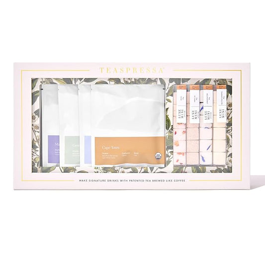 Tea Latte Sampler Kit by Teaspressa – 4 Signature Organic Tea Blends + 4 Luxe Sugar Cubes – Make at Home - Manhattan Black, Earl Grey, Green & Rooibos Tea – Salted Caramel, Vanilla, London Fog & Rose Gourmet Sugar Cubes – Gift Set - Vegan & Gluten-Free