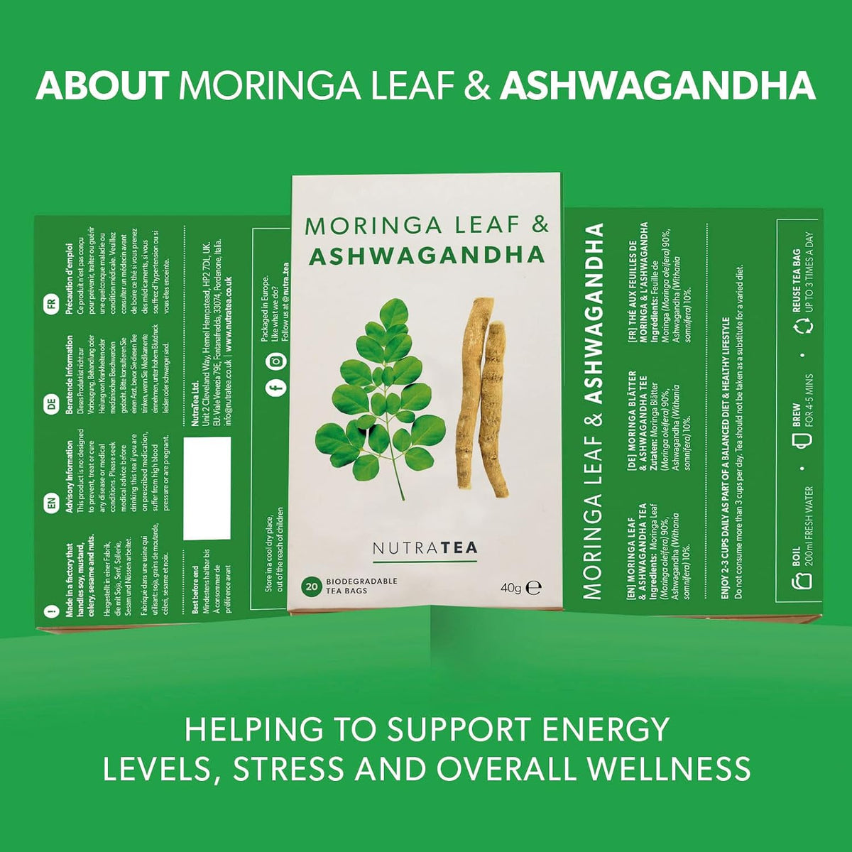 Nutra Tea - Moringa Leaf &amp; Ashwagandha – Moringa Tea Bags, Ashwagandha Tea Bags - For Mood Support and Stress Relief - 40 Individually Wrapped Bags - Herbal Infusion (2 Pack)