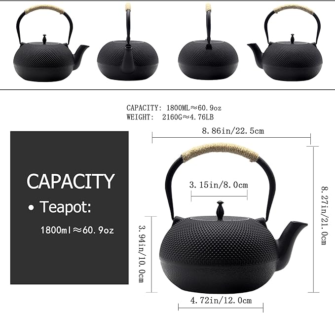 Big Cast Iron Teapot, Japanese Tetsubin Tea Kettle for Stovetop Safe, Cast Iron Tea Pot with Stainless Steel Infuser for Loose Tea and Enameled