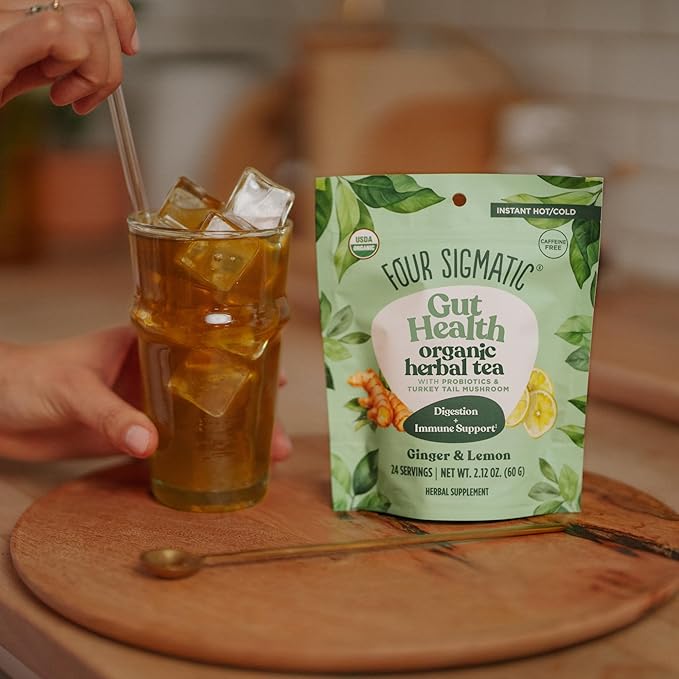 Four Sigmatic Gut Health Organic Herbal Tea | Organic Lemon Ginger Tea with Probiotics & Turkey Tail Mushroom | Instant Digestive Tea | Vegan, Gluten-Free | Lemon Ginger, 24 Servings