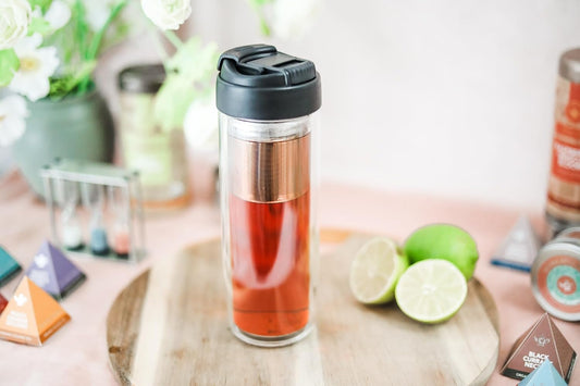 Teabloom Travel Tea Infusing Cup – Insulated Borosilicate Glass Bottle with Magnetic Controlled Infuser and Flip Lid for Hot Tea, Cold-brew Coffee, Fruit Water – The Innovator Tumbler (15oz/450ml)