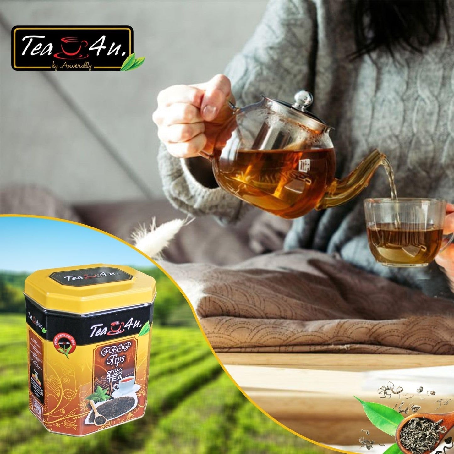 Tea4U Flowery Broken Orange Pekoe (FBOP) Tips Loose Black Ceylon Tea - Handpicked Fresh Tea Leaves with Rich Aromatic Flavor - Metal Canister for Authentic Flavor &amp; Long Lasting Freshness - 200g