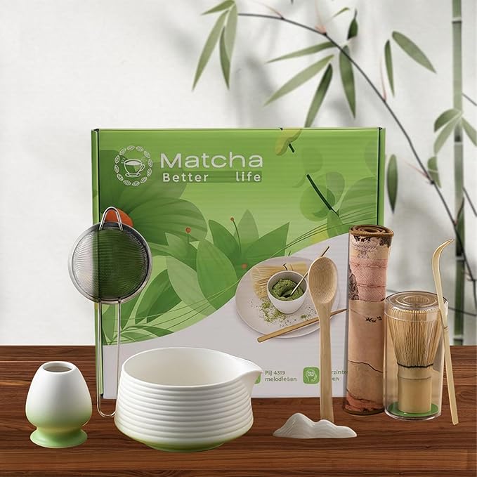 8 Pcs Matcha Whisk Set Chasen Matcha Whisk Bamboo Bowl with Spout Sifter Spoon Scoop Whisk Holder Ba