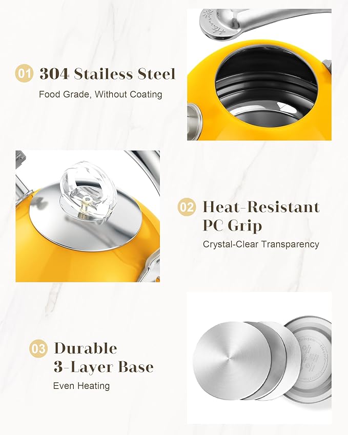 Harriet Tea Kettle Stovetop, 2.5 QT Whistling Stainless Steel Teapot, 3-Layer Base, Unique Ergonomic Handle, Includes Pot Holder & Mat