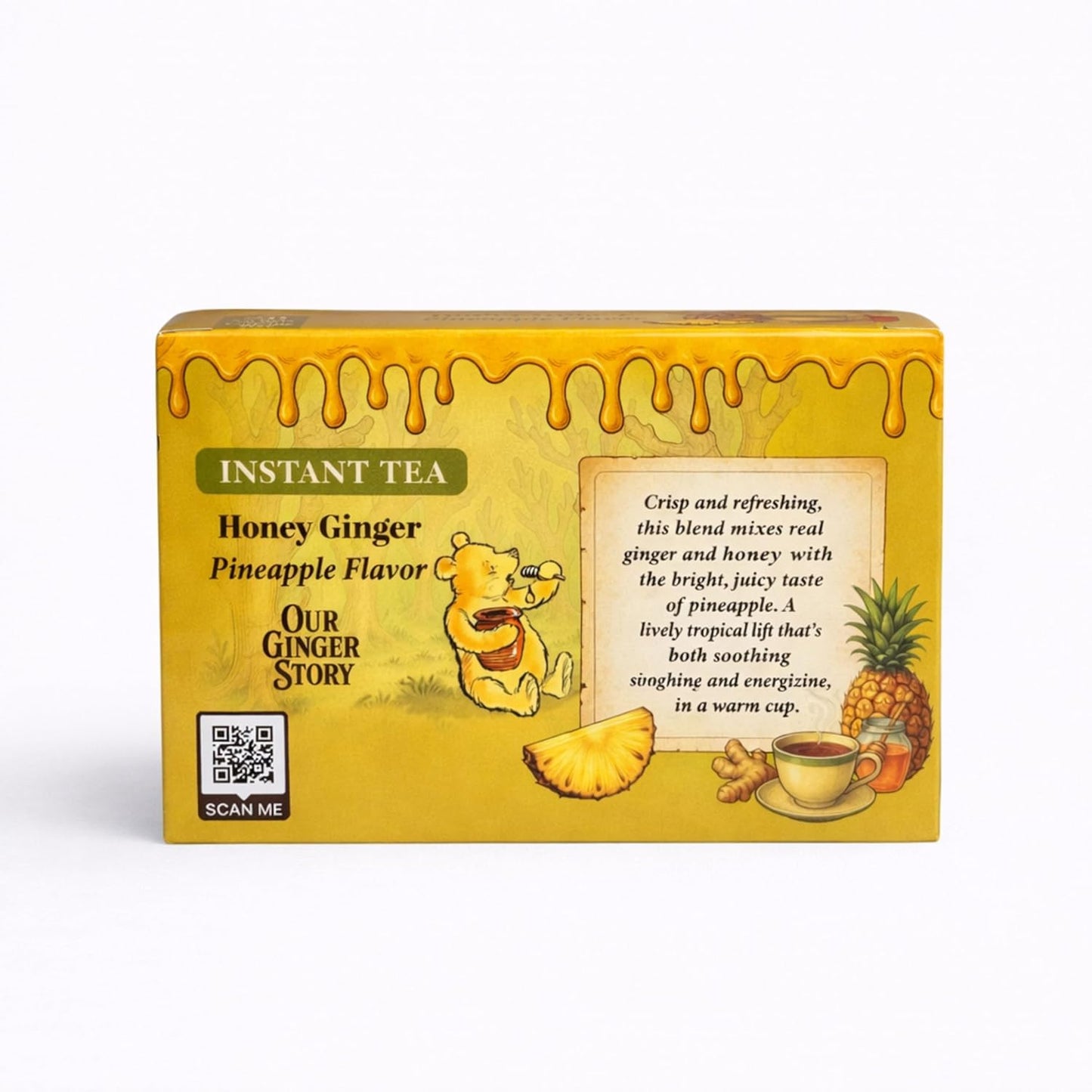 Premium Honey Ginger Instant Tea Crystals, Pineapple Flavor, 20 Sachets, Real Ginger, Real Honey, Pure Cane Sugar, Caffeine Free, Hot Or Cold Single Serve Drink Mix