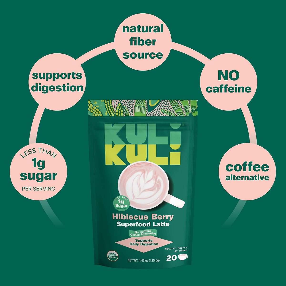Kuli Kuli Organic Psyllium Husk Fiber Superfood Latte, Hibiscus Berry