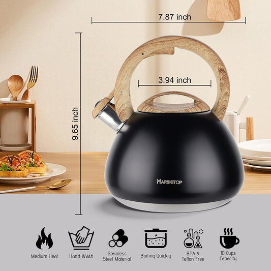 MARSKITOP Whistling Tea Kettle for Stove Top, 2.6 Quart, Black | Food Grade Stainless Steel, Loud Whistle, Cool-Touch Handle, Suitable for All Cooktops