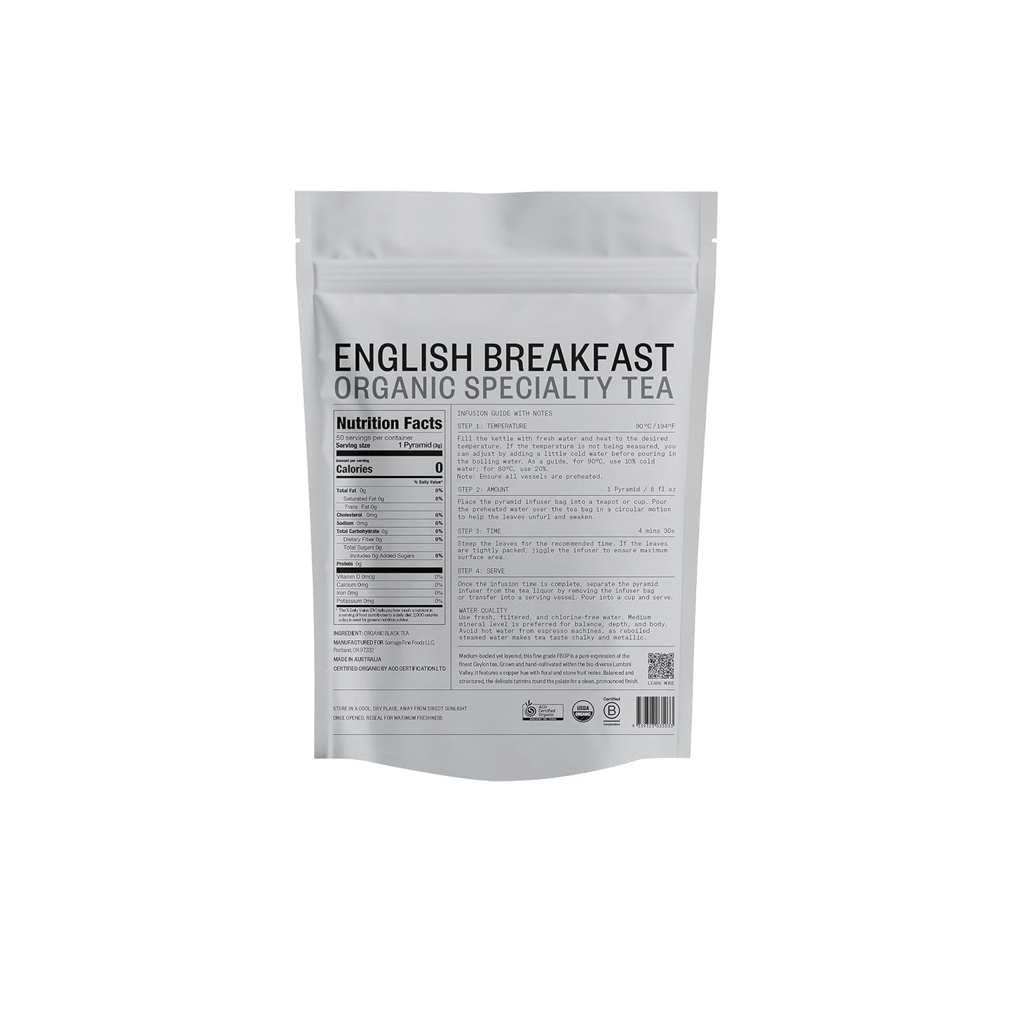 Chamellia Organic English Breakfast Tea - 50 x Pyramid Tea Bags in a Pouch 5.3oz (150g)(Camellia Sinensis) Single unit
