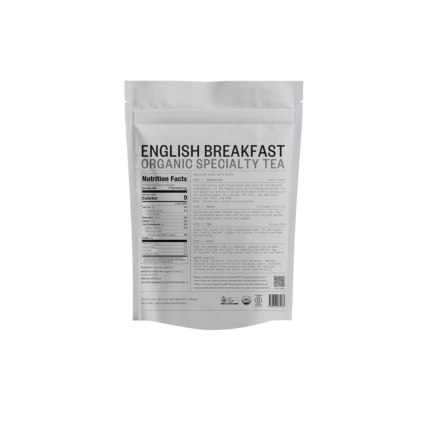 Chamellia Organic English Breakfast Tea - 50 x Pyramid Tea Bags in a Pouch 5.3oz (150g)(Camellia Sinensis) Single unit