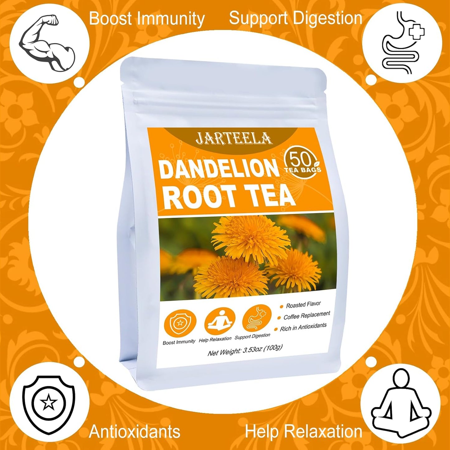 Jarteela - Roasted Dandelion Root Tea, 50 Count, Dried Dandelion Tea | 100% roasted dandelion root, caffeine-free &amp; Non-GMO. Smooth roasted flavor, perfect for hot or iced daily brewing