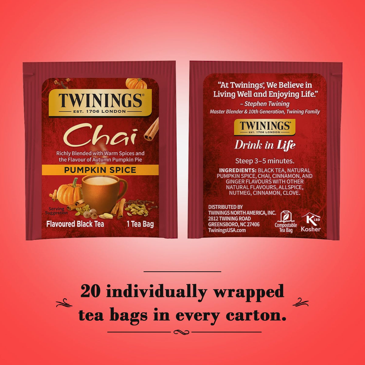 Twinings Pumpkin Spice Chai Black Tea 2-Pack, 20 Count Ea