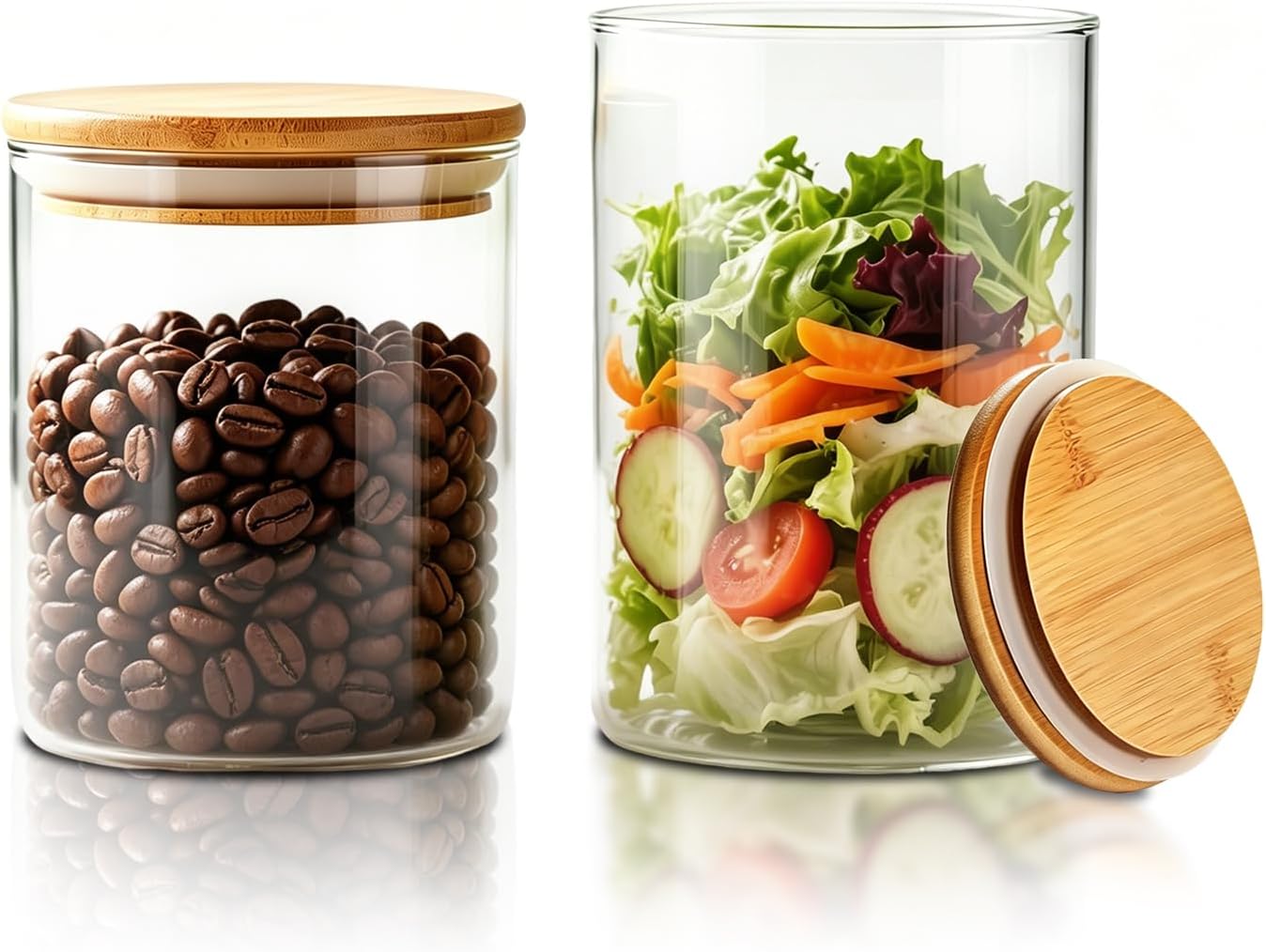 Glass Food Storage Jars with Airtight Lids, Clear Glass Jar with Bamboo Lid, Airtight Food Canister for Tea, Candy, Coffee, Sugar, Cookie, Snack. (Round | 5+6 Inch | 33+17 oz)