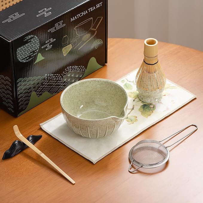Matcha Whisk Set - 7PCS matcha kit ，Matcha Bowl with Spout, Bamboo Whisk with Ceramic Holder, Macha Scoop and Sifter, Matcha Kit for Ceremony