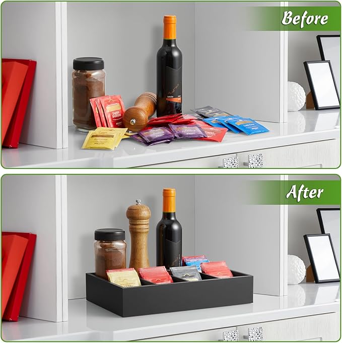 DRASTAR Tea Bag Organizer, Tea Box Organizer Storage Box, Wooden Tea Bag Holder, Tea Chest with 8 Compartments, Tea Caddy for Tea Bags Organizer, Black