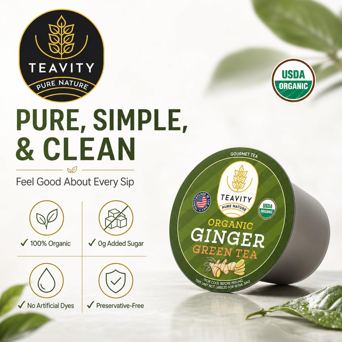 Teavity Organic Ginger Green Tea Pods, Keurig K-Cup Compatible, 12 Count