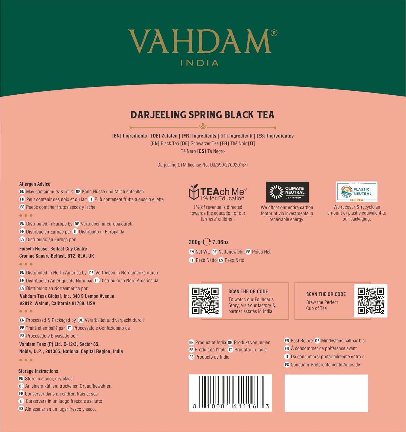 VAHDAM, Exotic Darjeeling First Flush Tea Leaves (100 Black Tea Bags) High Caffeine, Non GMO, Gluten Free | Aromatic & Robust | Unblended First Flush Darjeeling Tea Bags | Resealable Ziplock Pouch