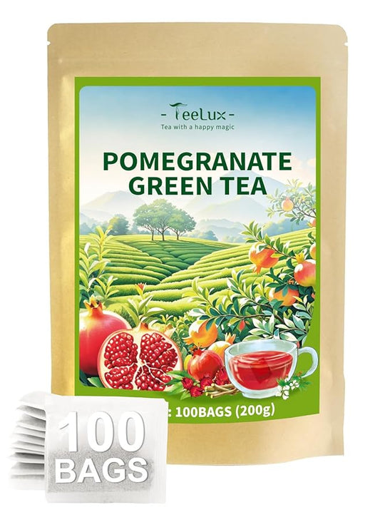 TeeLux Pomegranate Green Tea, Brisk Sencha Tea & Tart Hibiscus & Sweet Licorice & Natural Fruity Pomegranate Flavor, 100 Count