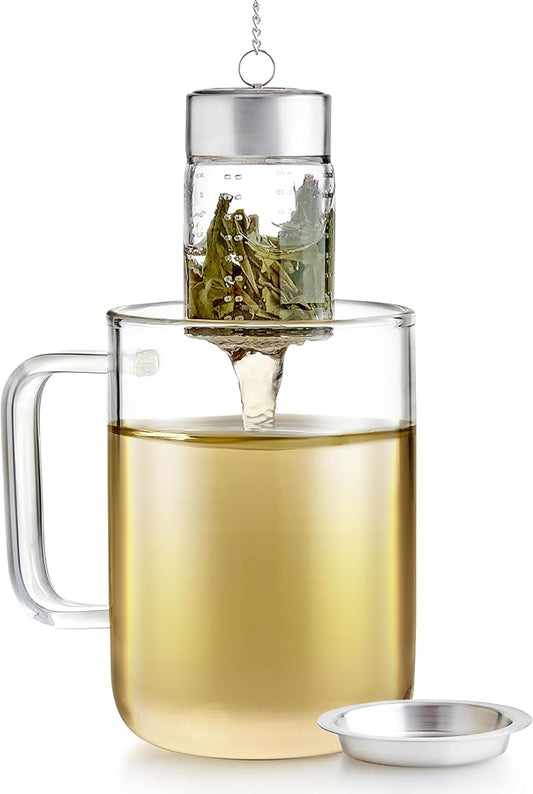 Teabloom Puresteep Glass Tea Infuser with Lid & Drip Tray – Non-Toxic Borosilicate Glass Loose Leaf Steeper with Stainless Steel Chain – Small or Large Size