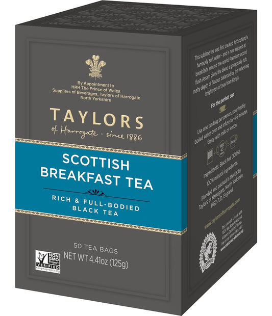 Taylors of Harrogate Scottish Breakfast, Black Tea, Pillow Tea Bags, 50 Count (Pack of 6), Strong, Malty and Full, Caffeinated, Enjoy Hot or Iced