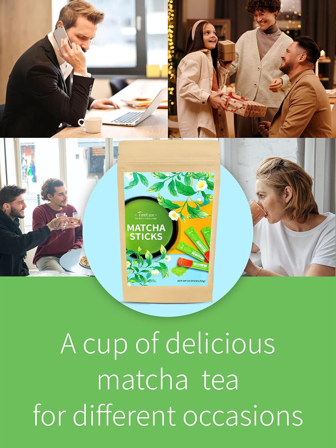 TeeLux Matcha Green Tea Powder, Premium First Harvest Culinary Grade Matcha Single Serve Packets, Unsweetened Matcha Powder Travel Stick Packs, 25 Count