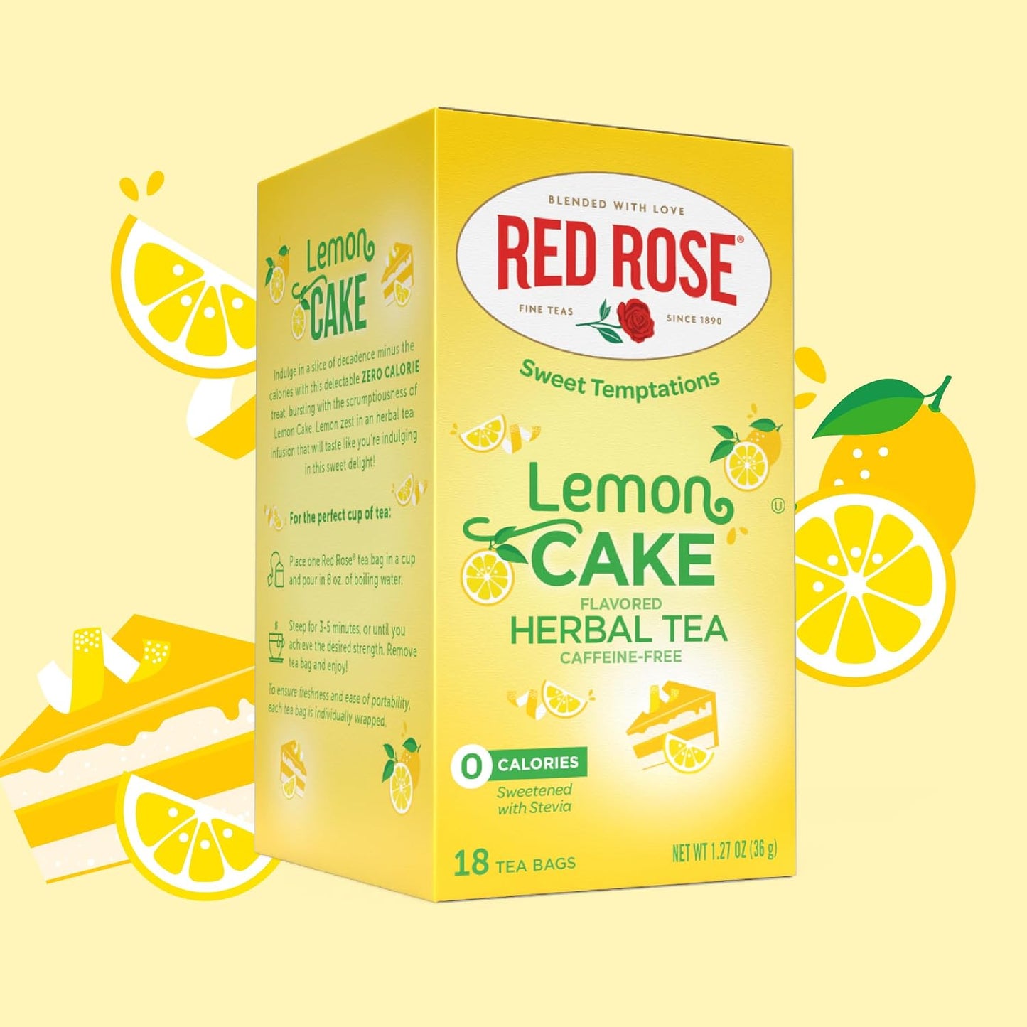 Red Rose Sweet Temptations Lemon Cake Dessert Herbal Tea, 18 Bags, 2 Pack | Sweet, dessert-inspired herbal tea | Naturally flavored | Caffeine-free | Ideal sweet treat