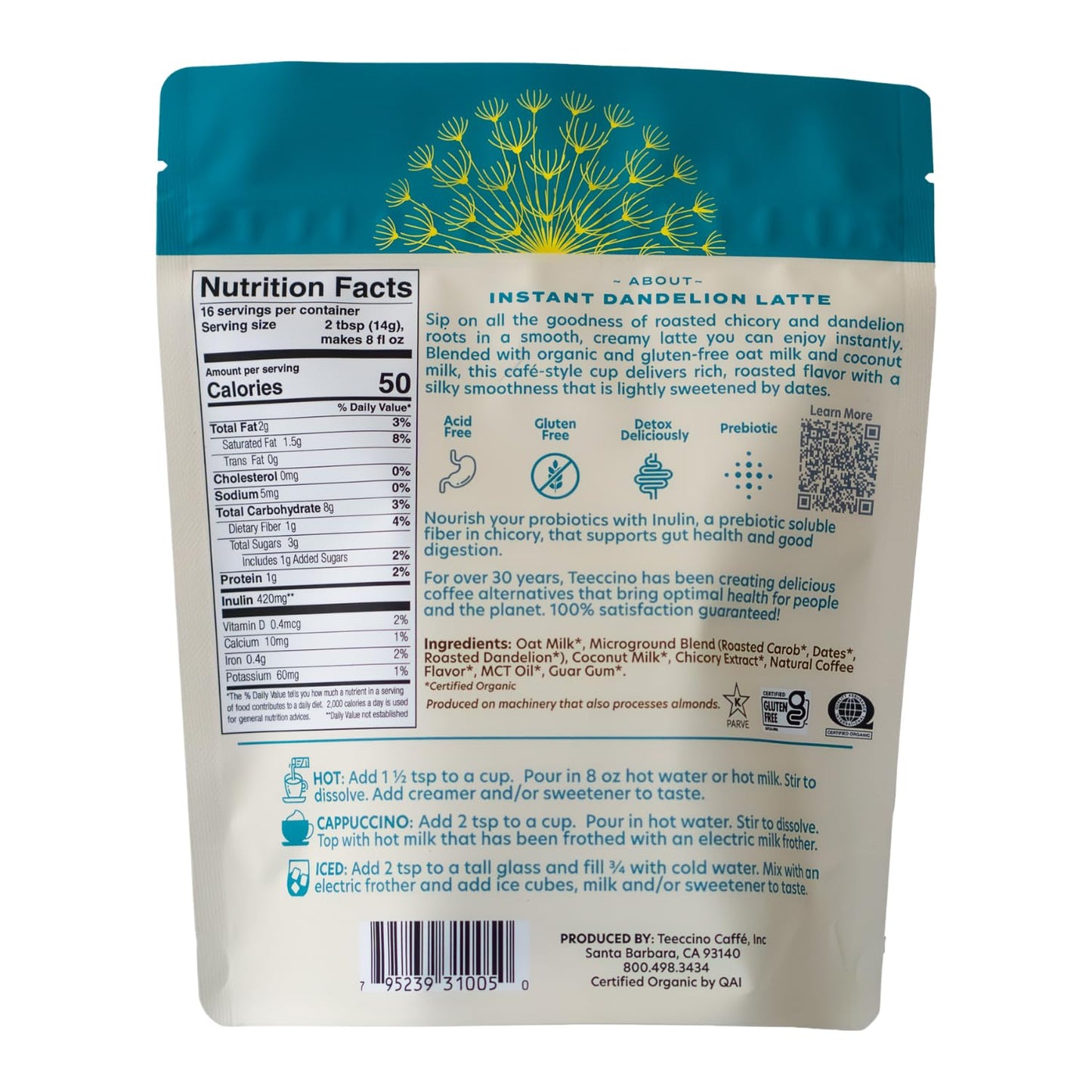 Teeccino Organic Instant Dandelion Herbal Latte – 14 Servings – Creamy Oat &amp; Coconut Latte with a Blend of Roasted Chicory &amp; Dandelion Roots – Gluten-free, Prebiotic, Caffeine-Free – 7.9 ounces