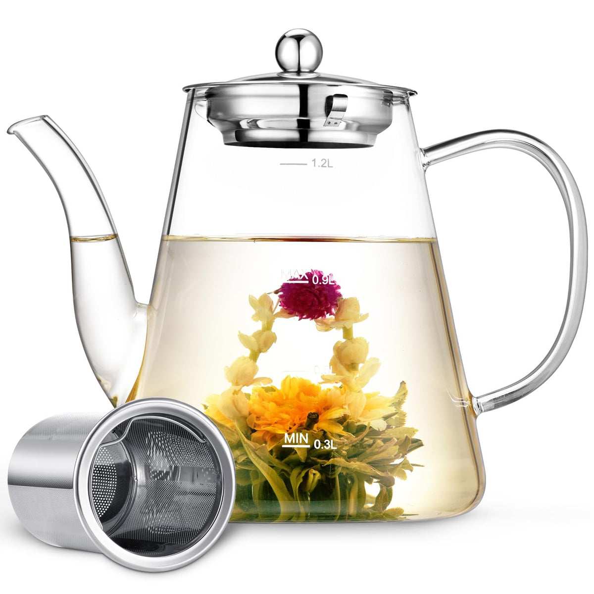 Zpose Glass Teapot, 1200ml (40oz) Tea Pot with Infuser for Loose Tea and Blooming Tea, Stovetop Safe Tea Kettle, Hand Crafted