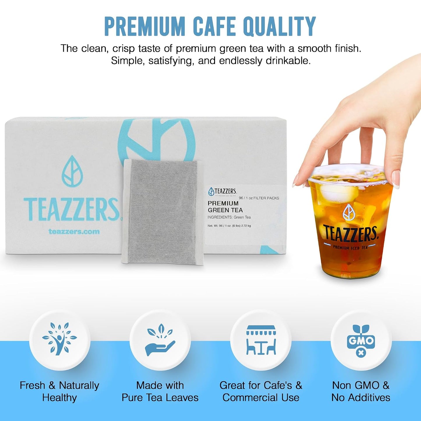 Teazzers Premium All-Natural Green Tea Bags – Great for Foodservice Commercial Ice Tea Brewers | Unsweetened USA-Made Bulk Green Tea for Restaurants, Cafés &amp; Home Brewing (1 Ounce, 96 Count)