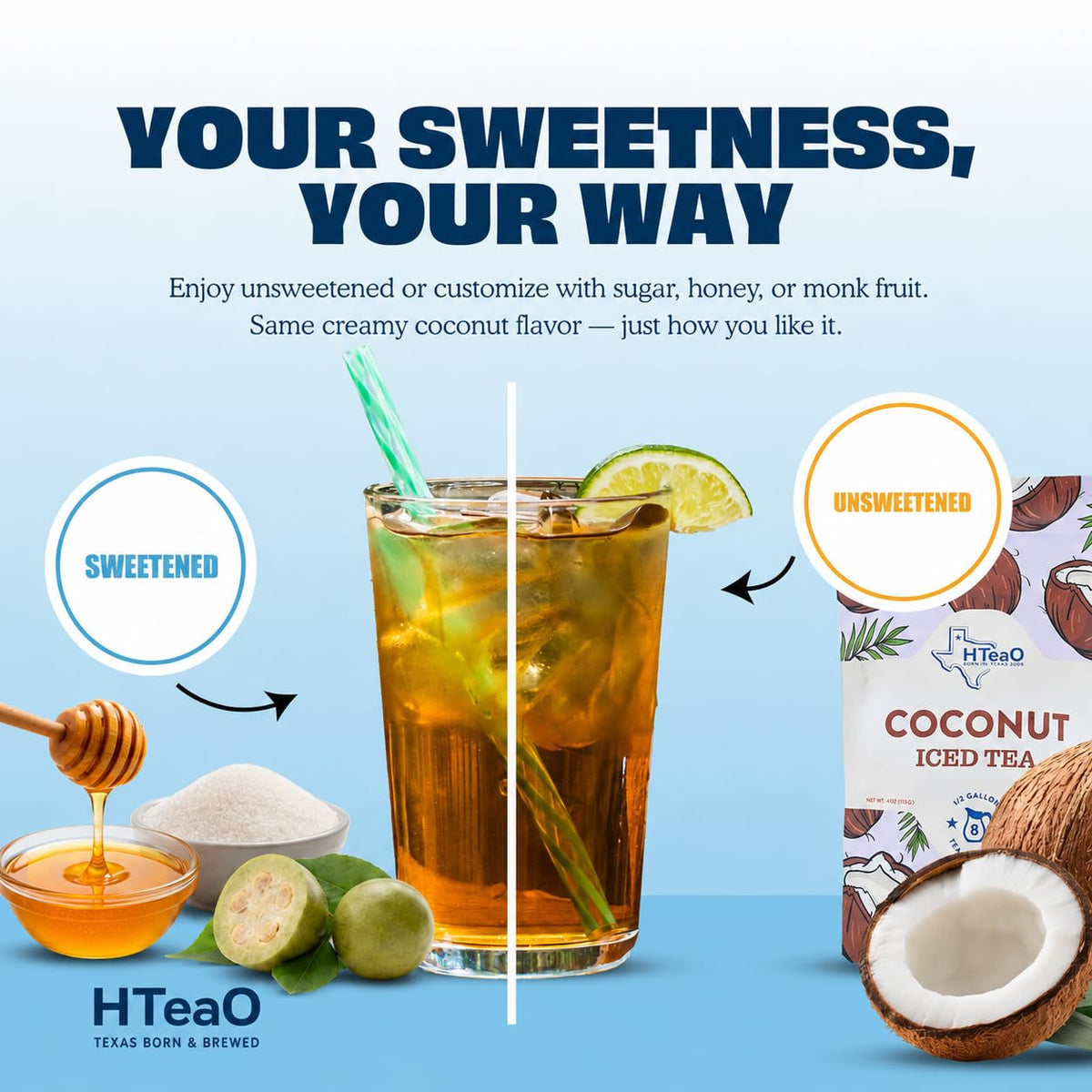 HTeaO Coconut Iced Tea Bags - Makes 4 Gallons - Texas Style - Black Tea