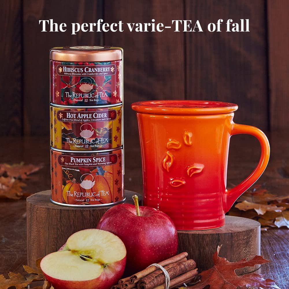 The Republic of Tea Harvest Stackable Tea Sampler, 36 Count | Three fall teas: Hibiscus Cranberry, Hot Apple Cider and Pumpkin Spice. 12 tea bags of each variety.