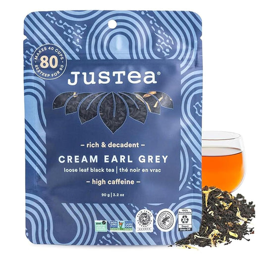 JusTea CREAM EARL GREY Loose Leaf Black Tea, 40+ Cups Pouch, 4/5 Caffeine | Fair-Trade CREAM EARL GREY Loose Leaf Black Tea. 90g/3.2oz Resealable Pouch. Steeps 40+ cups. 4/5 Caffeine. Organic.