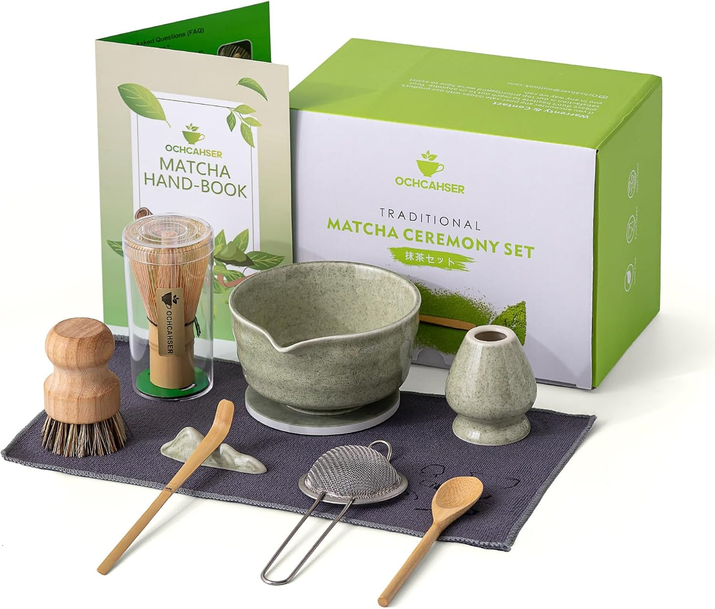 Ochcahser Matcha Whisk Set, Complete Japanese Matcha Kit for beginner | 10 Pcs Ceramic Matcha Set - Matcha Bowl with Spout and Coaster, Matcha Whisk and Holder, Sifter, Scoop, Spoon, Cleaning Brush