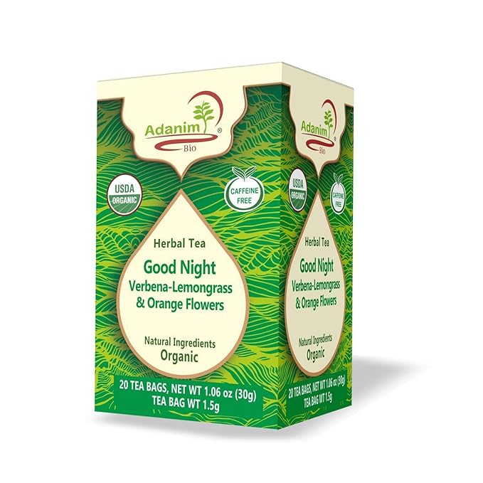 Adanim Bio Good Night Lemon Verbena Tea Lemongrass Herbal Tea Orange Flowers 1.5g x 80 Individually Wrapped Tea Bags Premium USDA Organic Caffeine Free Wellness Tea Relax Natural Ingredients for Sleep