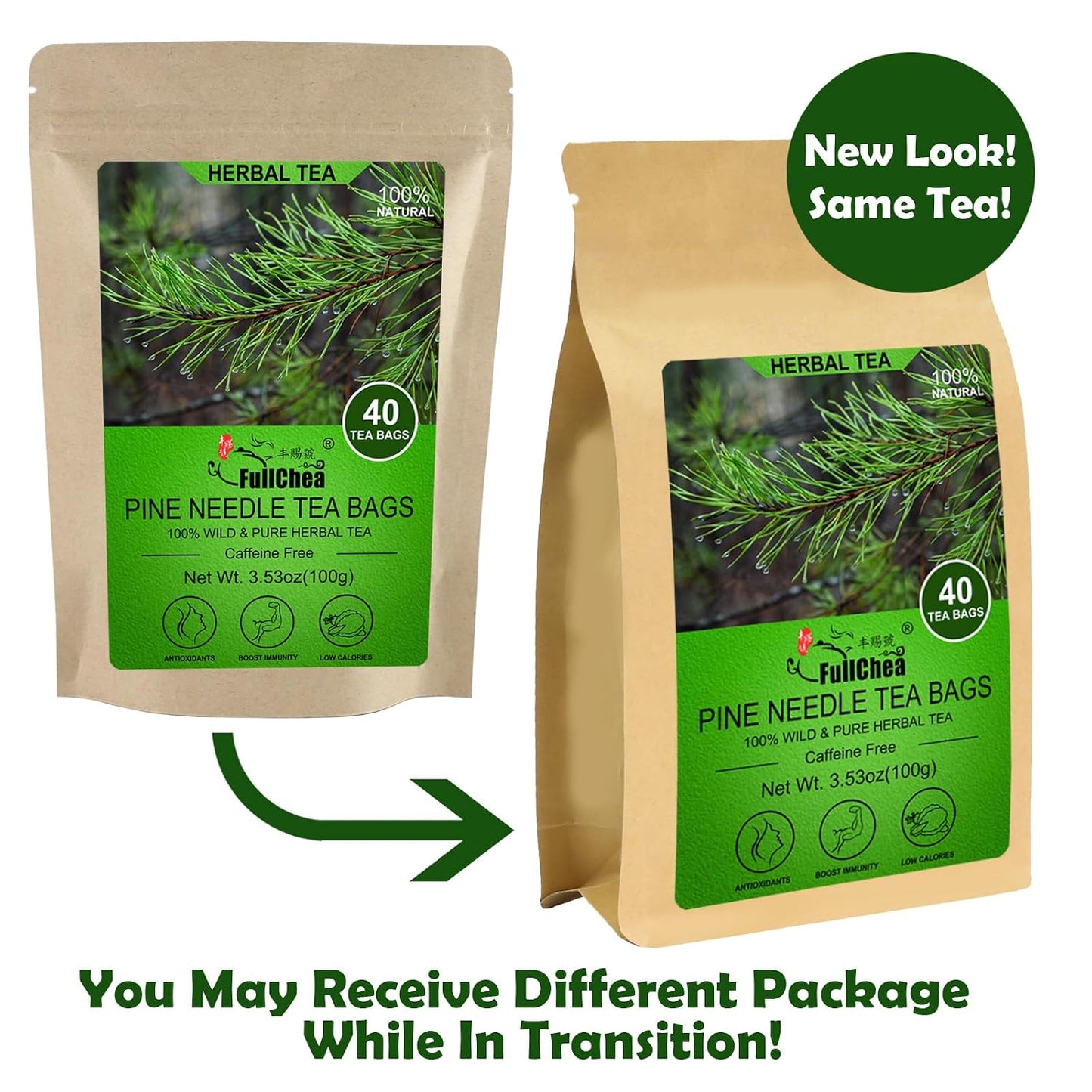 FullChea - Dried Pine Needle Tea Bags, 2.5g X 40 Count, Masson Pine Powder