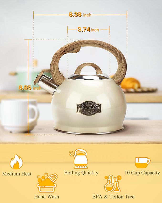 Teapot for Stovetop, 2.1 Quart Stove Top Whistling Tea Kettle, Teapot Kettles with Food Grade Stainless Steel and Wood Pattern Folding Handle