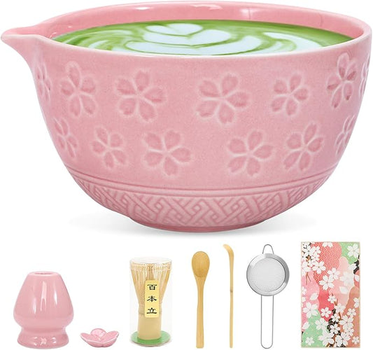 8 PCS Matcha Whisk Set Cute cute matcha bowl and Bamboo whisk set Ceremonical Matcha Making Kit Ceramic Whisk Holder Stand, Sifter, Scoop Japanese Tea Tools For Ceremony Gift-Pink