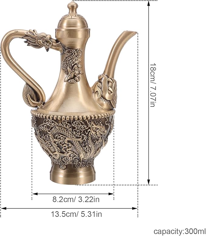 Logofun Vintage Dragon Embossed Brass Tea Pot 300ml Chinese Retro Kettle for Coffee Serving Decor