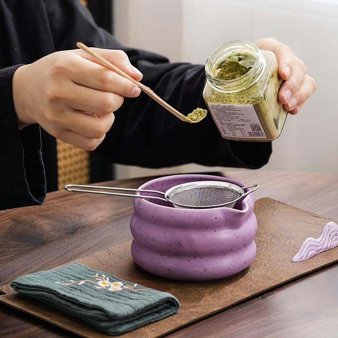 7Pcs Japanese Matcha Tea Set, Matcha Kit with Matcha Bowl (with Pouring Spout), Matcha Whisk, Whisk Holder, Strainer