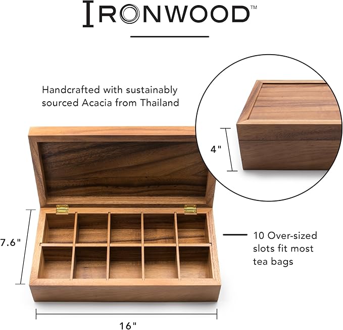 Ironwood Gourmet Acacia Wood Tea Box, XL Rectangular Tea Chest, 10 Compartment