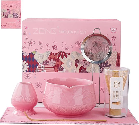 ZENS Pink Matcha Set, Matcha Whisk Set Includes 15oz Ceramic Bowl & (Chasen Holder), Bamboo Whisk & Scoop, Sifter and Pink Tea Towel, 6pcs Matcha Kit for Matcha Lovers