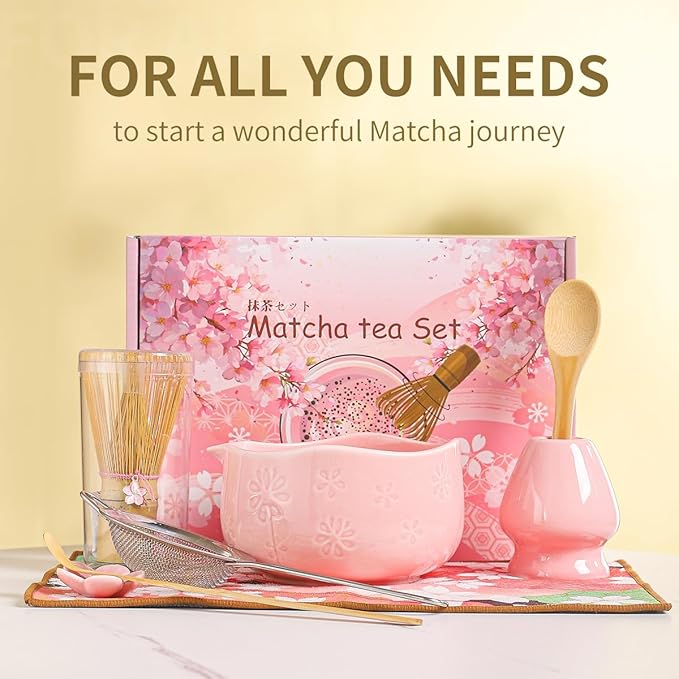Handcrafted Matcha Bowl Set 8pc - Japanese Style Ceramic Chawan Tea Cups with Floral Art & Wavy Rim | Complete Matcha Tea Ceremony Kit in Premium Gift Box (pink)