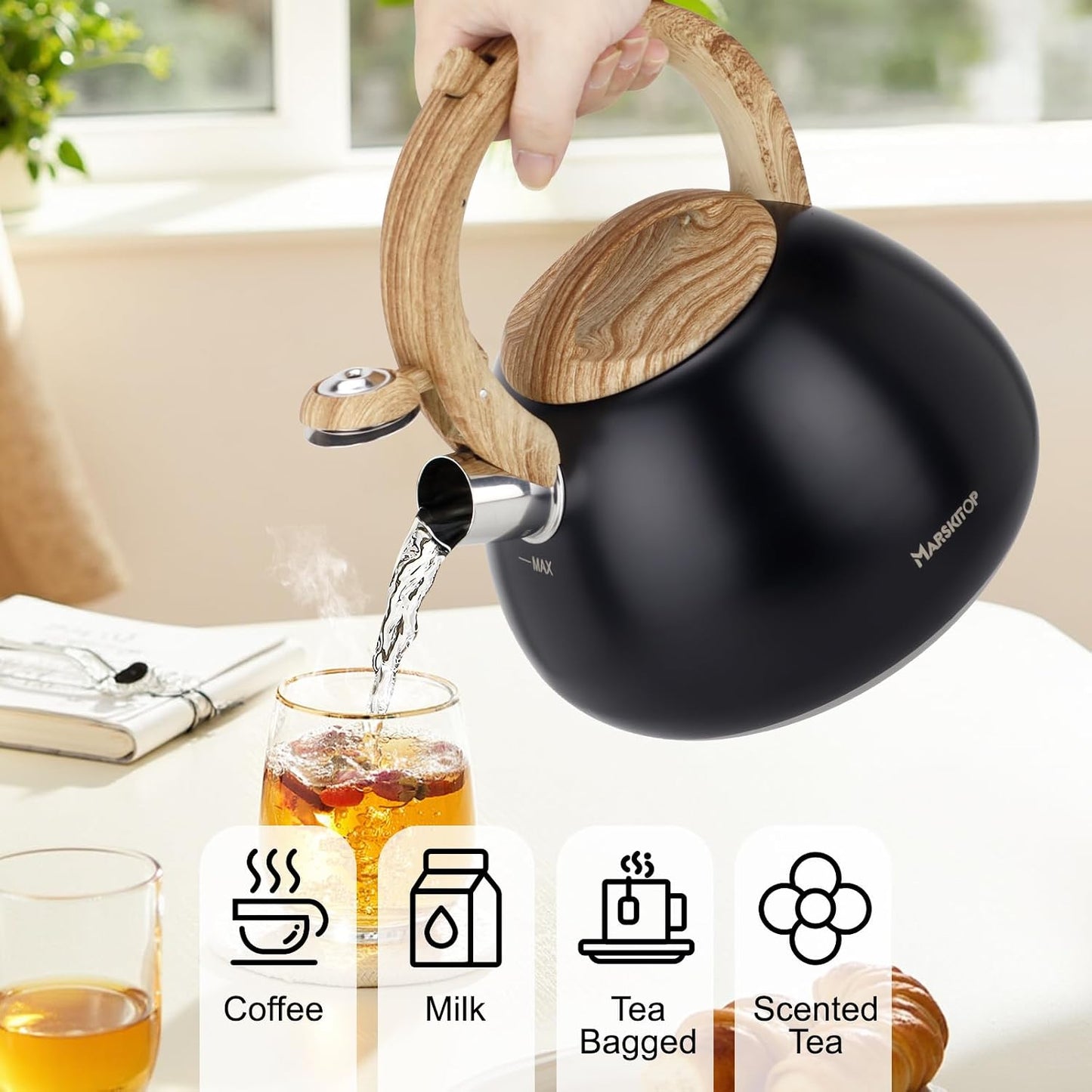 MARSKITOP Whistling Tea Kettle for Stove Top, 2.6 Quart, Black | Food Grade Stainless Steel, Loud Whistle, Cool-Touch Handle, Suitable for All Cooktops