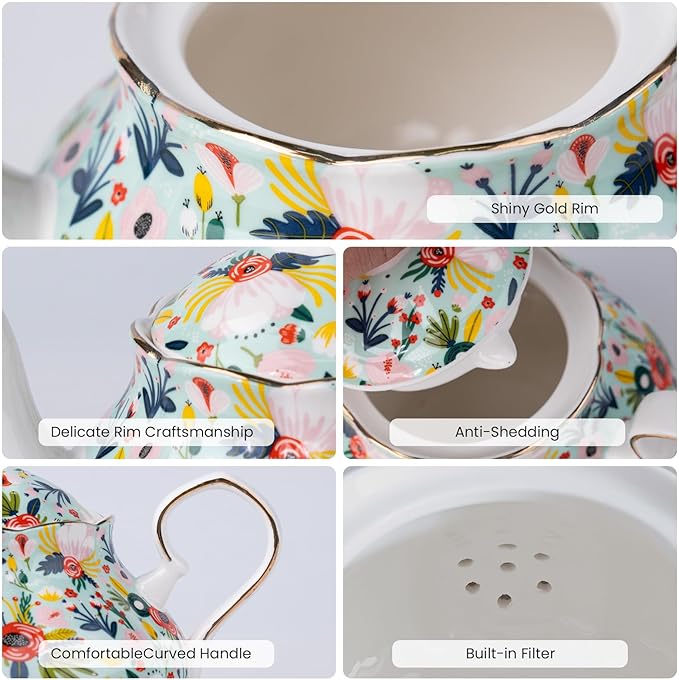 33.8 oz Porcelain Tea Pot Luxury Gold Trim Floral Ceramic Teapot Waterpot Tea Maker for Blooming Loose Leaf Tea Coffee Milk Chrismas Women Gift Housewarming Home Kitchen Décor (Mint)