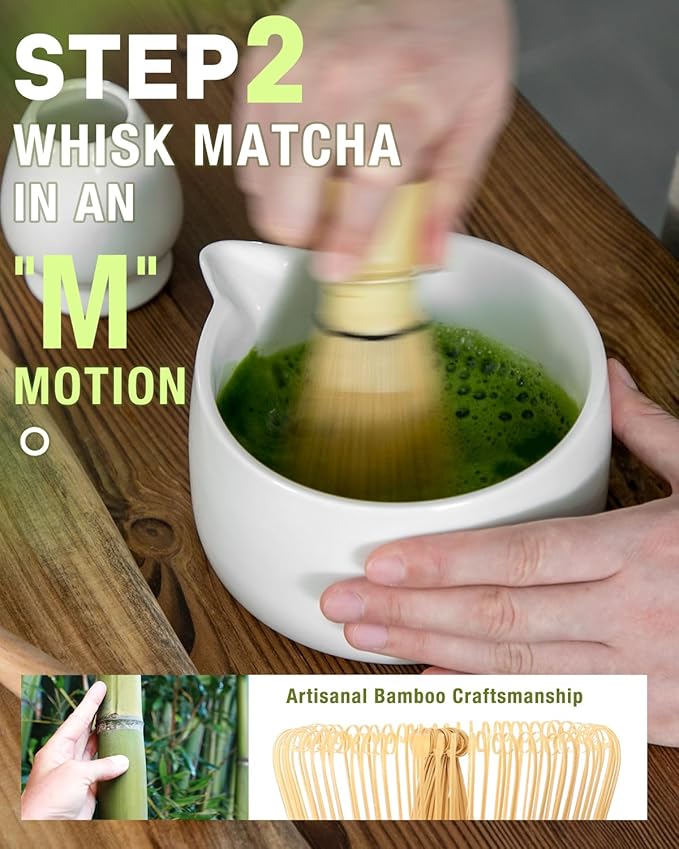 20OZ Matcha Whisk Set - 5PCS Matcha Kit Includes Ceramic Bowl with Spout, Bamboo Whisk with Holder, Bamboo Scoop and Sifter, Matcha Set for Ceremony